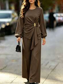 Velvienne French Luxury Style Round Neck Long Sleeve Asymmetrical Hem Cinched Waist Top & High Waist Straight Leg Wide Leg Pants Commuter Set - Brown - View 1