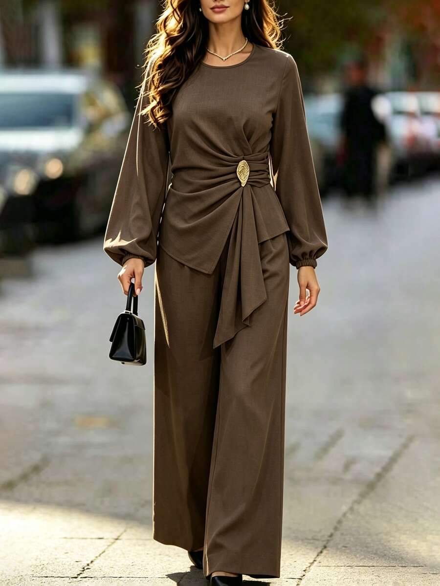 Velvienne French Luxury Style Round Neck Long Sleeve Asymmetrical Hem Cinched Waist Top & High Waist Straight Leg Wide Leg Pants Commuter Set - Brown - View 1