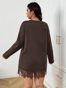 SHEIN EZwear 秋冬巧克力棕大尺碼女款對比蕾絲下擺洋裝 - 巧克力棕 - 查看 2