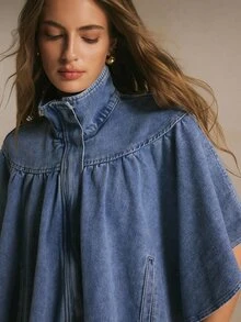 Bohemela Women's Elegant Button-Up Shawl Collar Denim Jacket Street Style - Light Wash - View 9