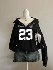 SHEIN EZwear 女款寬鬆薄款連帽套頭衛衣，數字 23 與花卉印花，黑色，高領，半拉鍊 - 黑色 - 查看 1