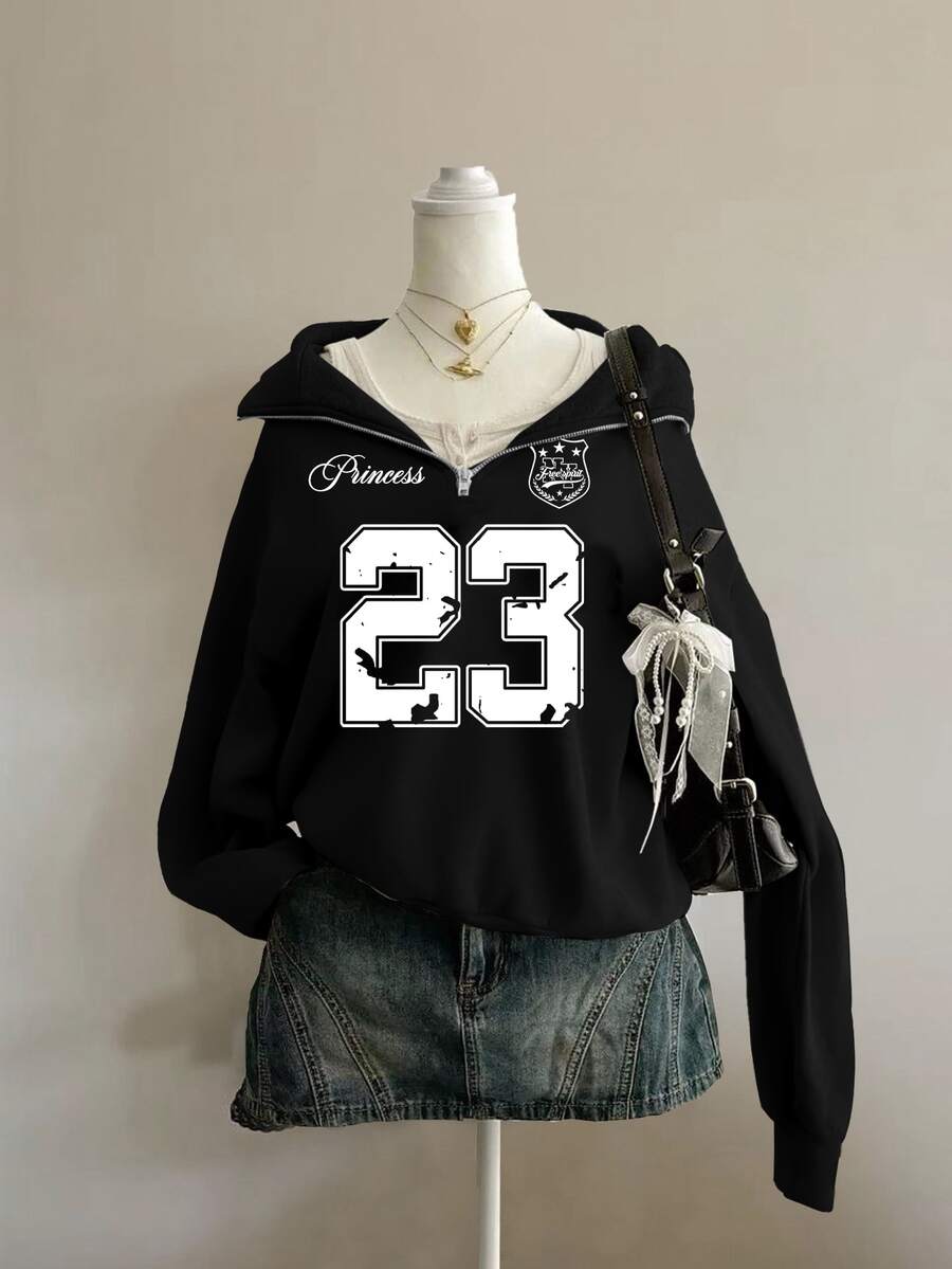 SHEIN EZwear 女款寬鬆薄款連帽套頭衛衣,數字 23 與花卉印花,黑色,高領,半拉鍊 - 黑色 - 查看 1