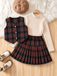 SHEIN 青少年女孩格紋百褶裙背心套裝 3件組 英倫學院風校園穿搭 - 彩色 - 查看 1