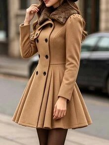 SHEIN LUNE Women's Solid Color Fur Collar Double-Breasted Long Sleeve Ruffle Hem Elegant Jacket - Coffee Brown - View 4