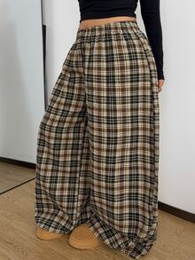 POPSWAY Plus Size Women's Elastic Waist Wide Leg Loose Casual Plaid Pants - Multicolor - View 5