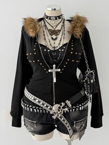 Sunspun Plus Size Women's Fashion Fur Collar Fitted Zip-Up Hooded Sweatshirt With Cross Winter - Black - View 5