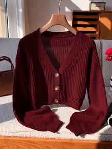 SHEIN EZwear 純色鈕扣前開襟羅紋針織開襟衫，長袖上衣，秋冬針織毛衣 - 酒紅色 - 查看 1