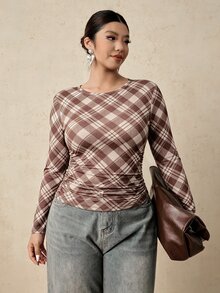 Freevana 大尺碼女款長袖圓領格紋印花內搭衫，腰部抓皺收腹T恤，休閒時尚寬鬆秋季上衣，修身冬季上衣 - 彩色 - 查看 4