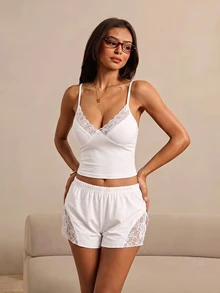 HautHeat Women's Solid Color Contrast Lace Camisole And Shorts Loungewear Set - White - View 7
