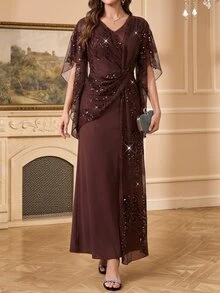 Amorya Women's Patchwork Sequin Mesh Elegant Glamorous Long Dress - Coffee Brown - View 6