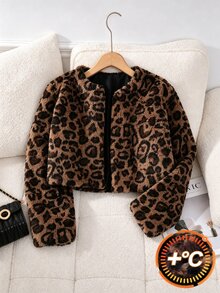 SHEIN Casuvi Kids 1件女童柔軟毛絨外套，優雅高貴長袖短版修身連帽外套，適合秋冬穿著 - 彩色 - 查看 4