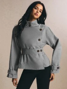 Poéselle 女款格紋立領單排扣長袖休閒風衣外套 - 黑與白 - 查看 6