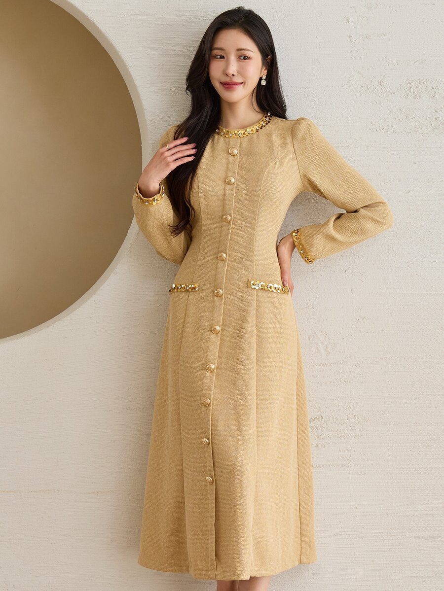 DAZY Women's Elegant Sequin Button Long Sleeve Dress For Evening Party - Khaki - View 1