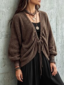 Breezaya Women's Solid Color Deep V-Neck Front Tie Long Sleeve Loose Casual Sweater - Brown - View 5