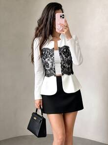 Modelyn Spring/Autumn Vintage Contrast Color Lace Patchwork Long Sleeve Waist-Cinching High-End Elegant Commuter Women's Blazer - Black and White - View 3