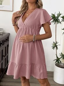 SHEIN 女款夏季中長版V領杏色荷葉袖百褶孕婦洋裝 - Rose Clay - 查看 3