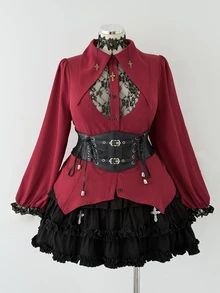 Sunspun Plus Size Dark Style Shirt Collar Lace Patchwork Puff Long Sleeve Blouse - Burgundy - View 3