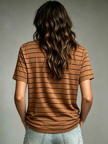 Linhara Plus Size Women's Striped Print V-Neck Short Sleeve Casual T-Shirt - Black - View 2