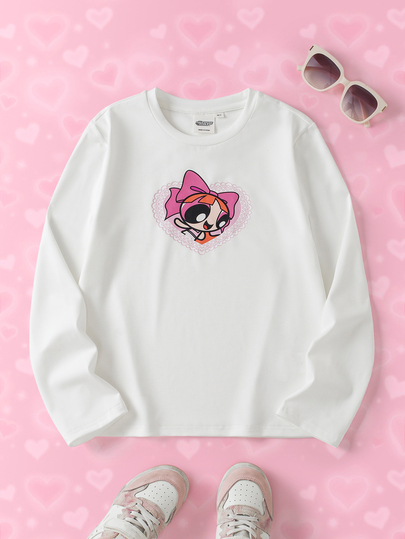 THE POWERPUFF GIRLS X SHEIN Camiseta casual holgada de manga larga y cuello redondo para niña preadolescente