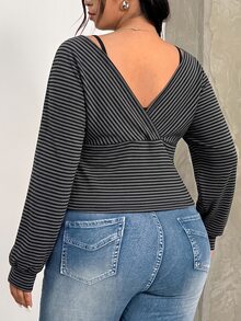 Muchica Plus Size Women's Striped Long Sleeve Casual Layered Look T-Shirt - Black - View 2