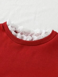 SHEIN Tween Girls Fall Holiday Red And White Sweatshirt, Lace Ruffle Collar Cuff, Cute Long Sleeve Pullover For Christmas Valentine Daily Wear School - Red - View 3