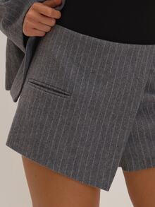 MUSEYN Grey Pinstripe Tailored Woven Wrap Detail Mini Shorts Versatile Everyday Date Night Chic New Season Fall - Grey - View 7