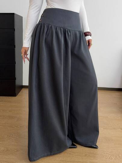 POPSWAY Plus Size Solid Color Vintage Elegant Waist-Cinching Wide Leg Pants, Draping Casual Women's Pants For Autumn/Winter, Daily Commute And Party Outfit