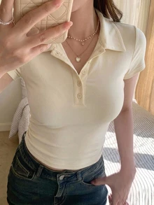 DAZY 女款領口短袖修身性感休閒套頭街頭風T恤 - 杏色 - 查看 3