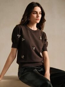 Anewsta 女款秋冬深棕色優雅花瓣袖鑲鑽針織上衣，早午餐穿搭、海灘度假穿搭、派對約會晚裝襯衫 - 咖啡棕 - 查看 3