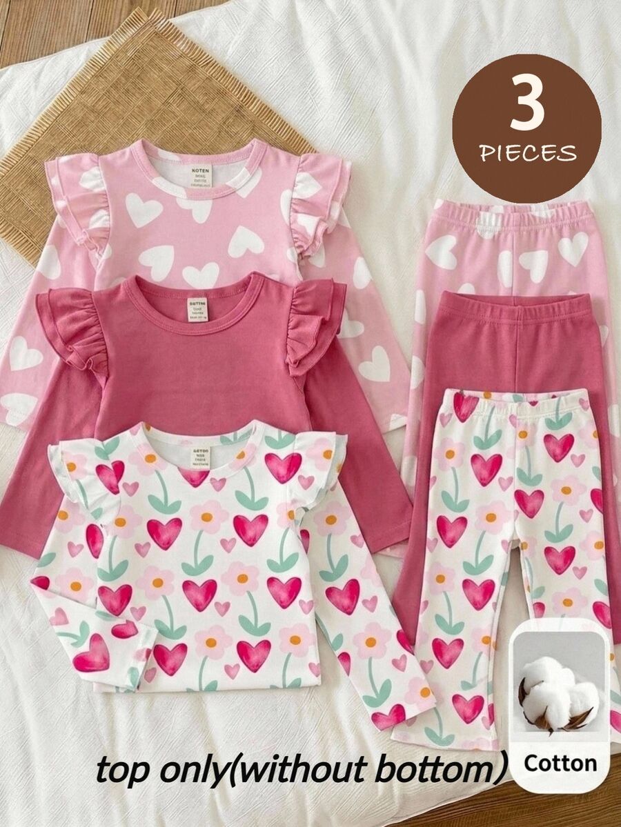 SHEIN 3-Pack Baby Girls' Heart Print Ruffle-Detail Long-Sleeve Cute Top ...