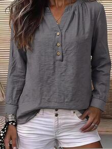 SHEIN Holidaya Middle-Aged Women Solid Color Notch V-Neck Casual Daily Wear Blouse - Grey - View 1