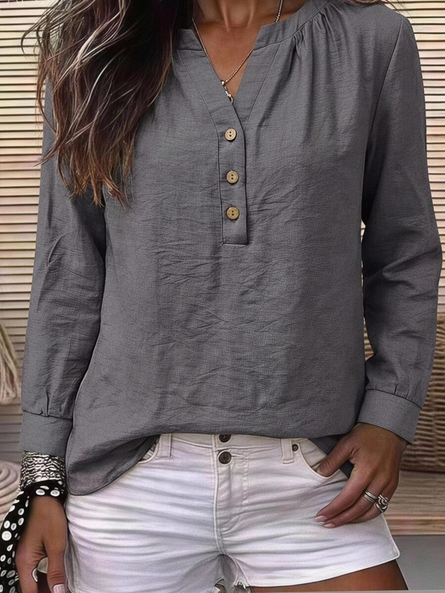 SHEIN Holidaya Middle-Aged Women Solid Color Notch V-Neck Casual Daily Wear Blouse - Grey - View 1