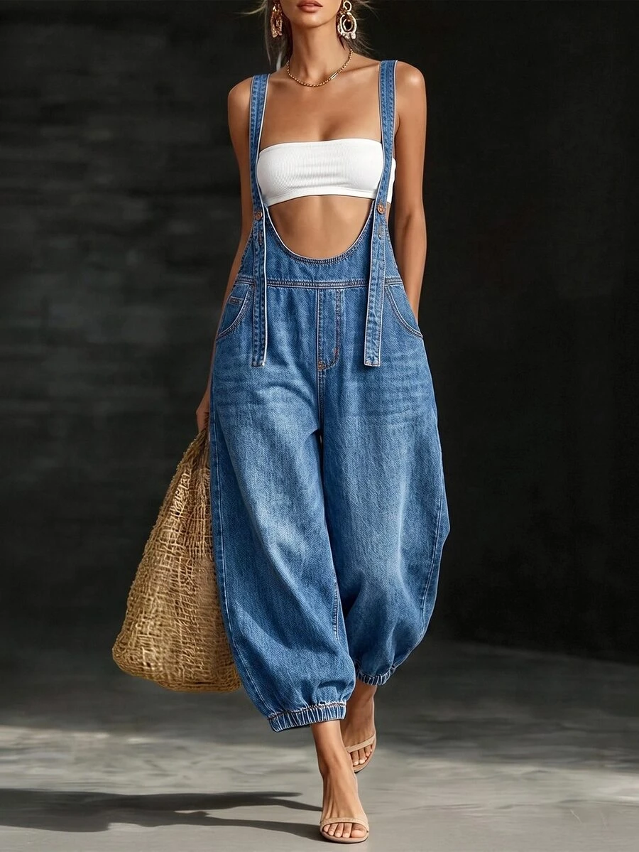 LUMIGAL Plus Size Vacation Button Denim Overalls For Daily Wear - Blue - View 1