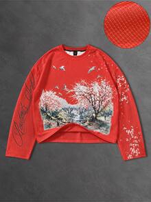 ROMWE MEN Men's Round Neck Casual Cherry Blossom Waffle Knit Long Sleeve T-Shirt - Red - View 1