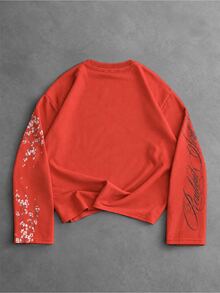 ROMWE MEN Men's Round Neck Casual Cherry Blossom Waffle Knit Long Sleeve T-Shirt - Red - View 2