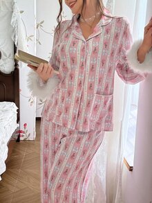 CottageSlumber Plus Size Women's Romantic Pajama Set With Pink Foundation, Bow, Rose Print, Cuffed Sleeves And Hems, Fur Trim, Front Button Closure And Patch Pockets, Long Sleeve Long Pants - Pink - View 7
