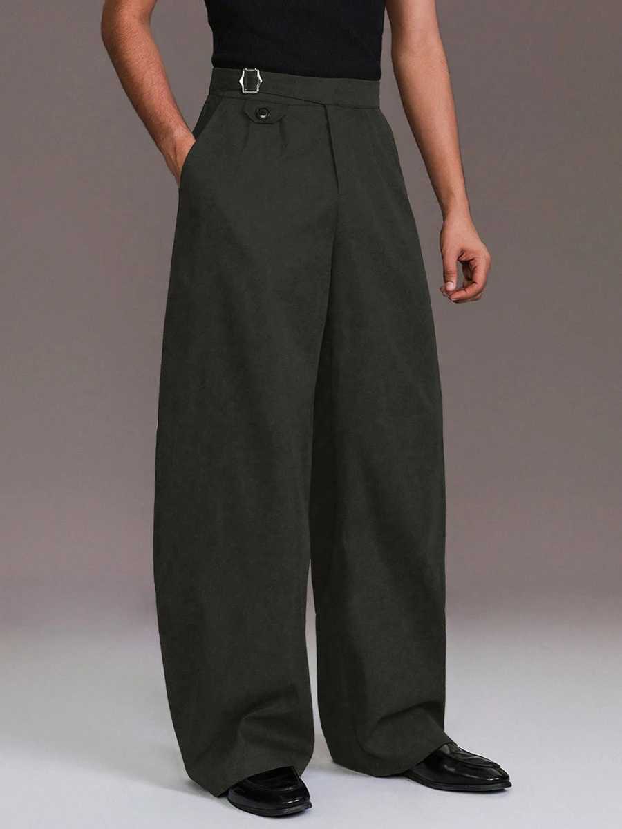 STYNVO Men's Solid Color Metal Buckle Waist Design Wide Leg Long Pants With Pockets - Dark Grey - View 1
