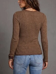 LUMIGAL Women's Slim Fit Casual Lace Trim Pleated Design Brown Knit Top, Autumn/Winter - Brown - View 2