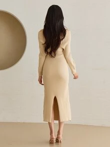 DAZY Women's Solid Color Casual Daily Knit Dress - Apricot - View 2