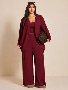 Elaquor 大尺碼女款純色細肩帶上衣、長褲與開襟衫休閒套裝 秋季 - 紅色 - 查看 5