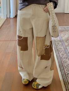 Dazy Plus Pattern Printed Loose Wide Leg Curved Hem Jeans, Casual Vintage Blogger Style New Arrival For Girls Club Beach Blue White Stripe - Apricot - View 1