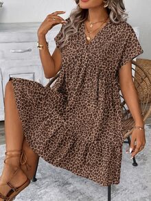 Comfylo Plus Size Women V-Neck Vintage Leopard Print Tiered Short Dress - Multicolor - View 4