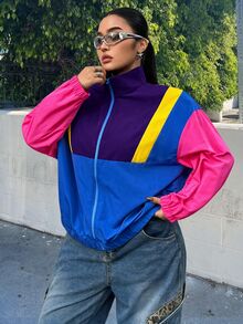 Muchica Autumn/Winter Casual Multi-Color Patchwork Plus Size Jacket - Royal Blue - View 4