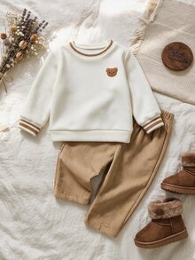 Kids Infant Boys Elastic Ribbed Pullover Long Sleeve Sweatshirt + Corduroy Long Pants Set - Multicolor - View 3