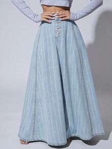 SHEIN SXY Women's Striped Waist Button Placket Casual Denim Skirt - Blue and White - View 3