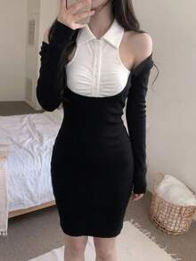 DAZY Patchwork Contrast Color 2 In 1 Cold Shoulder Short Dress, Elegant Sexy Vacation Korean Style Spring Autumn Women's Mini Dress - Black - View 6