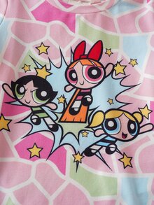 THE POWERPUFF GIRLS X SHEIN Bộ romper bé gái cổ tròn tay ngắn phong cách thường ngày - trắng - Xem 4
