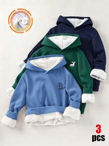SHEIN 3件組買2送1兒童青少年男孩休閒多功能厚款連帽衛衣，藍色連帽運動上衣、海軍藍連帽運動上衣、聖誕綠連帽運動上衣，運動上衣，秋冬款，學校、運動、秋季穿搭、冬季穿搭 - 彩色 - 查看 2