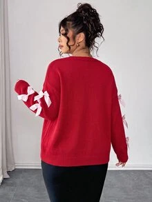 Elenzga 女款紅色圓領針織上衣，秋冬聖誕款，3D蝴蝶結與LOVE字母設計，寬鬆版型，大尺碼，百搭針織上衣 - 紅色 - 查看 3