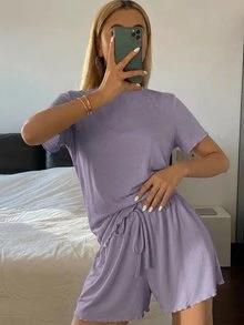 Livesso 女款夏季舒適純色極簡針織密邊波浪邊居家休閒套裝 - 紫色 - 查看 3